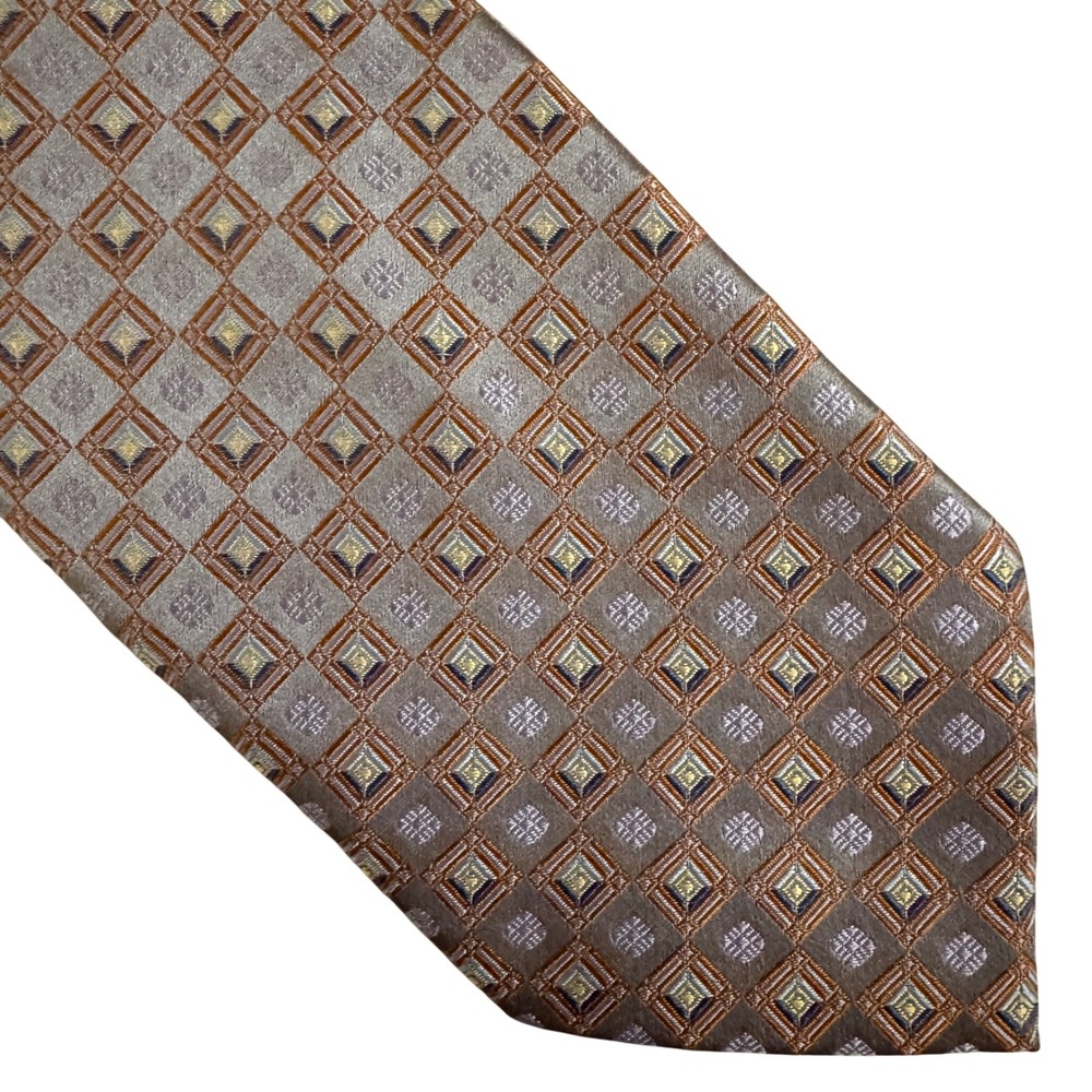 Roberto Villini Collezione Silk Tie Geometric Medallion Bronze‎ Taupe Gold Mens